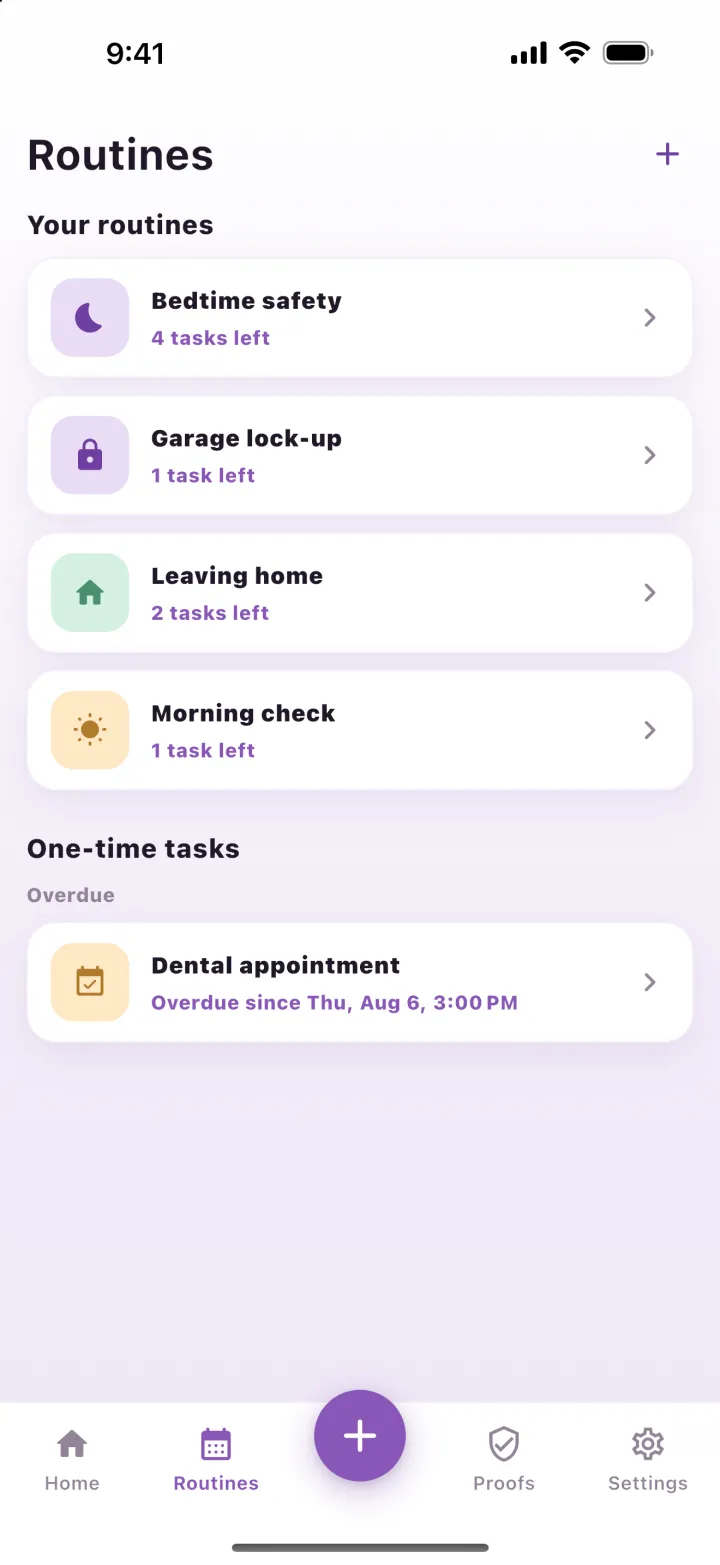 Your routines: Bedtime safety, Garage lock-up, Leaving home and Morning check, each with the tasks left today.