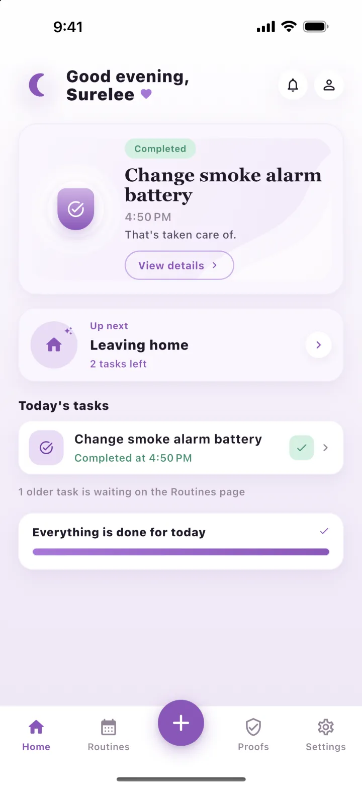 Surelee's Today screen: Change smoke alarm battery is completed, and Leaving home is up next with 2 tasks left.